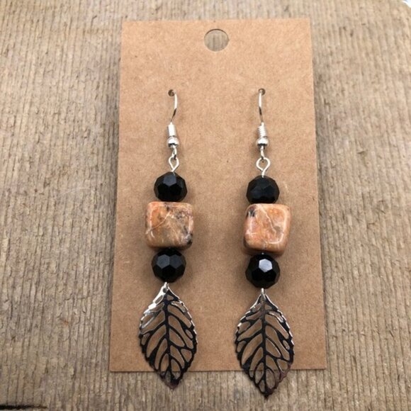 Cubed Sunstone Fallen Leaf Hang Earrings - Picture 1 of 6